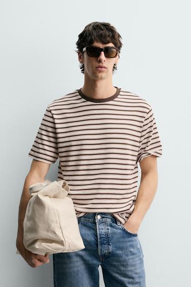 Zara CONTRAST STRIPE JACQUARD T-SHIRT - Brown