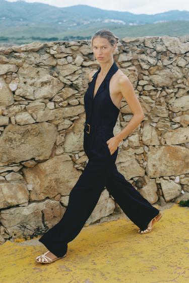 HALTERJUMPSUIT MET CEINTUUR VAN LINNEN - Marineblauw van Zara