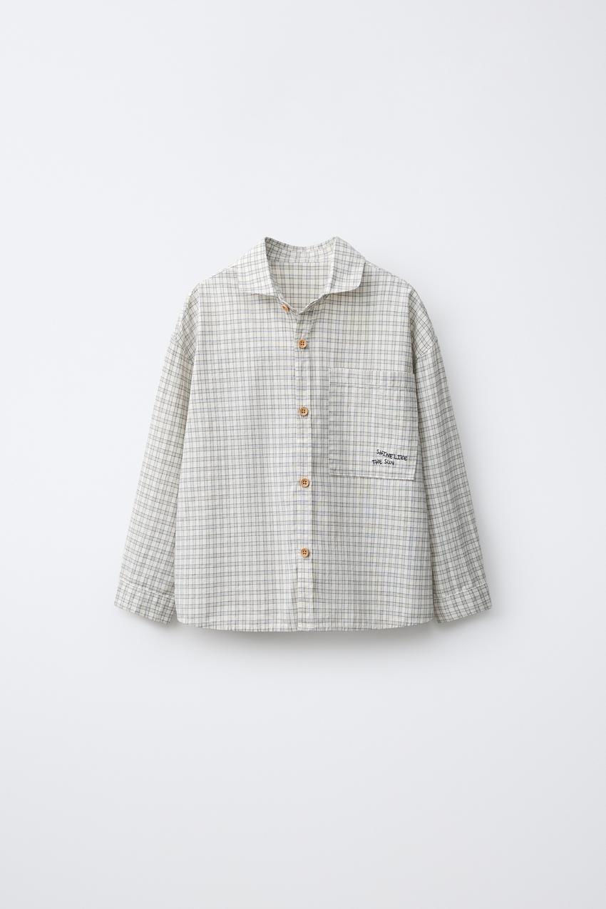 刺繍入りチェック柄シャツ - ライトグレー | ZARA Japan / 日本