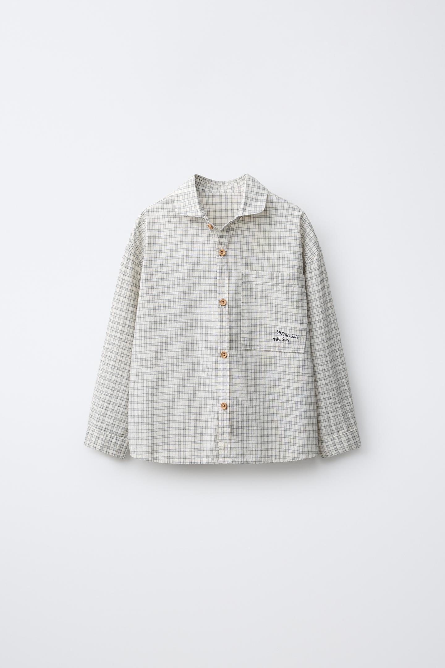 Детская рубашка Zara Embroidered Plaid, цвет: Светлый серый — фото 1