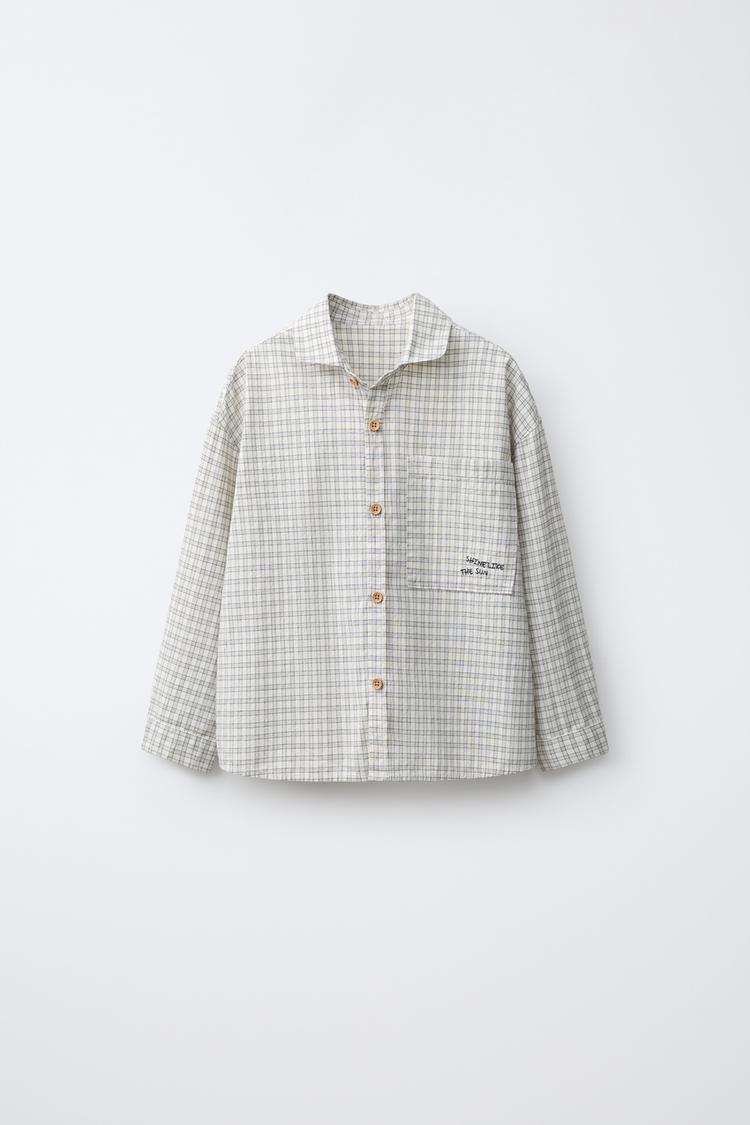 EMBROIDERED PLAID SHIRT — Light gray