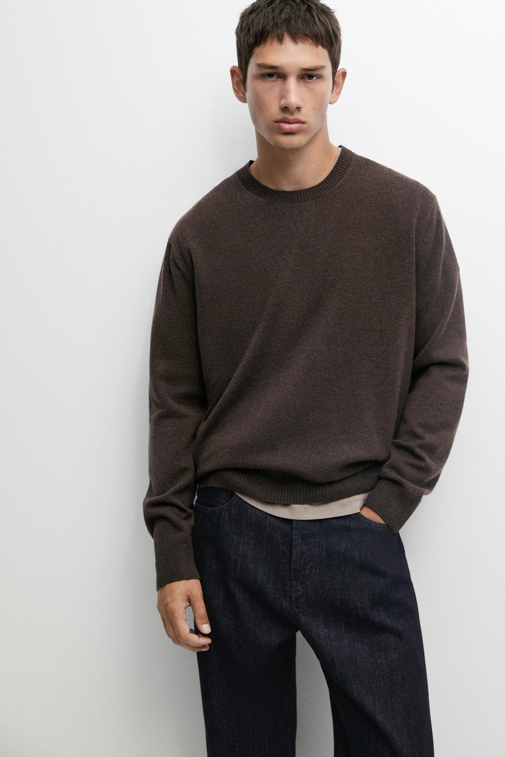 Wool blend round neck knit sweater — Chocolate