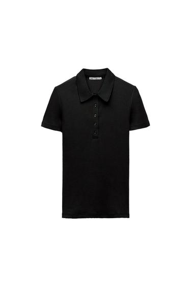 Black short-sleeve polo shirt with classic collar and five buttons down the front. White background. Visible tag on the inside of the neck.