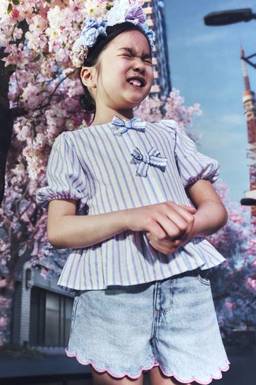 Zara 條紋蝴蝶結罩衫 - 磨白色