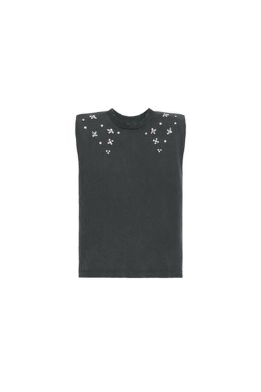 JEWEL SHOULDER PAD FADED-EFFECT T-SHIRT