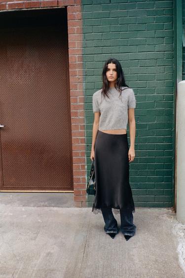 LACE SATIN MIDI SKIRT - Black by Zara