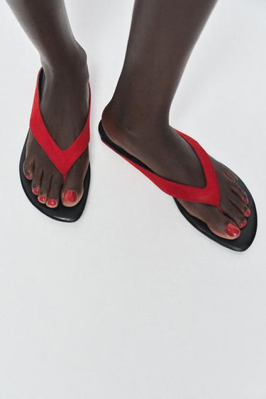 FLAT LEATHER SANDALS - Red by Zara