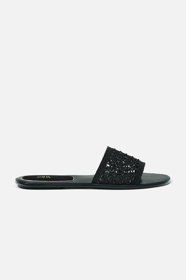 CROCHET FLAT SLIDER SANDALS - Black by Zara