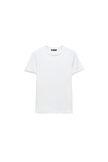 T-SHIRT WITH FAUX PEARLS SLEEVES