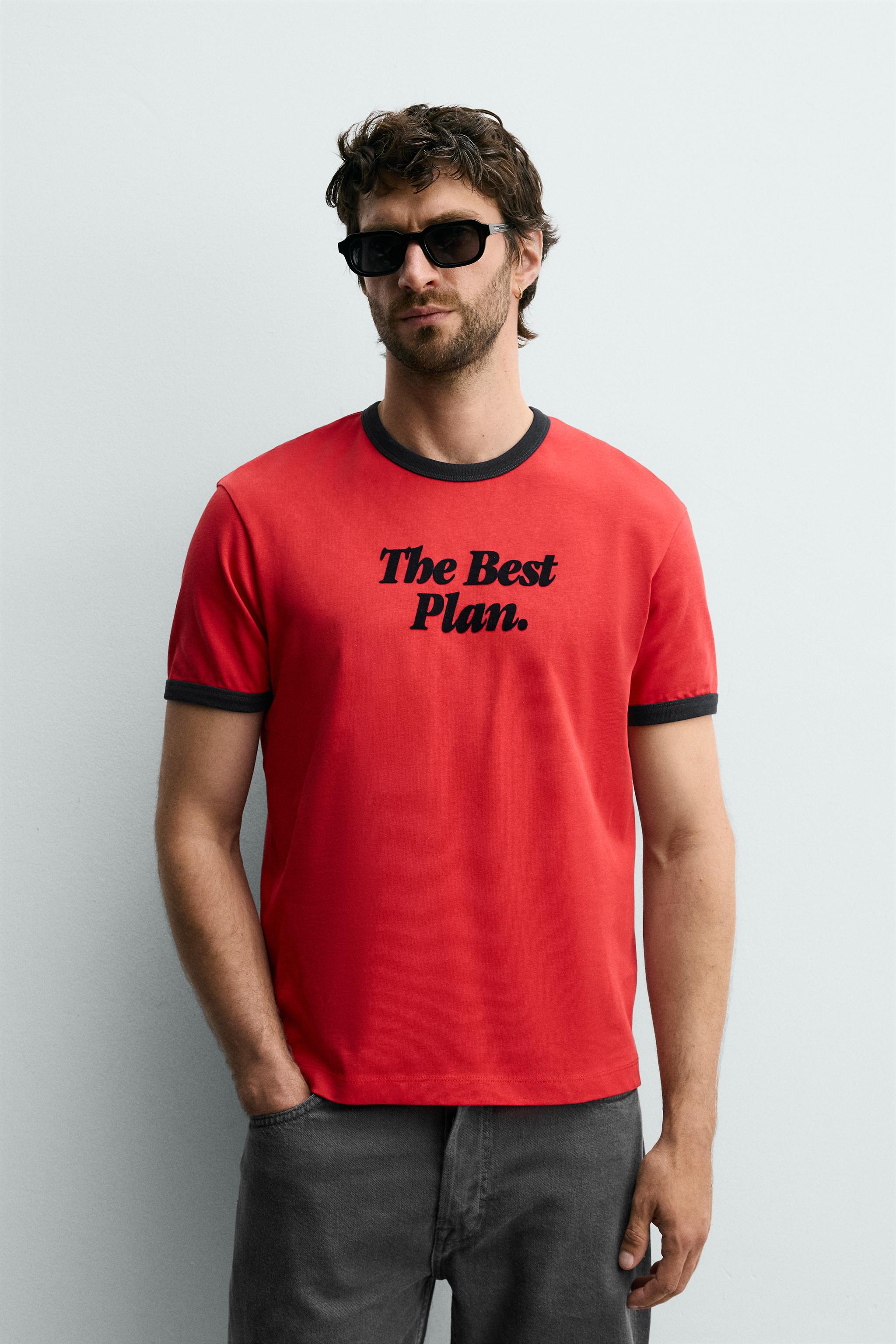 RINGER CONTRAST RIB TEXT T-SHIRT — Red