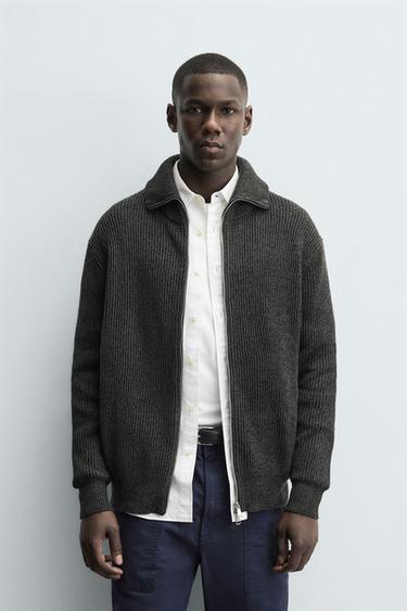 PURL KNIT CARDIGAN WITH ZIP - Grey marl by Zara