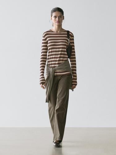 Zara Cotton blend striped long sleeve T-shirt - Brown - Image 0