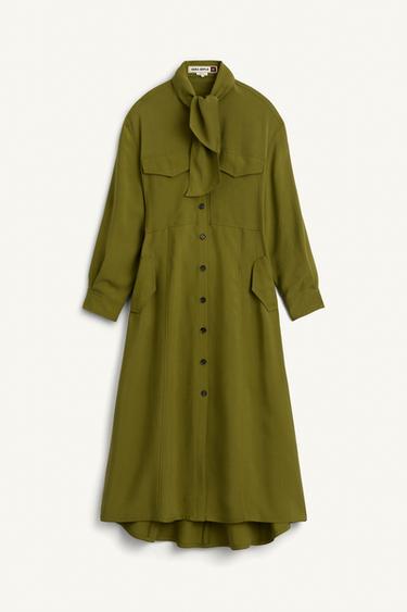 Zara MD SCARF BUTTON DRESS - Khaki
