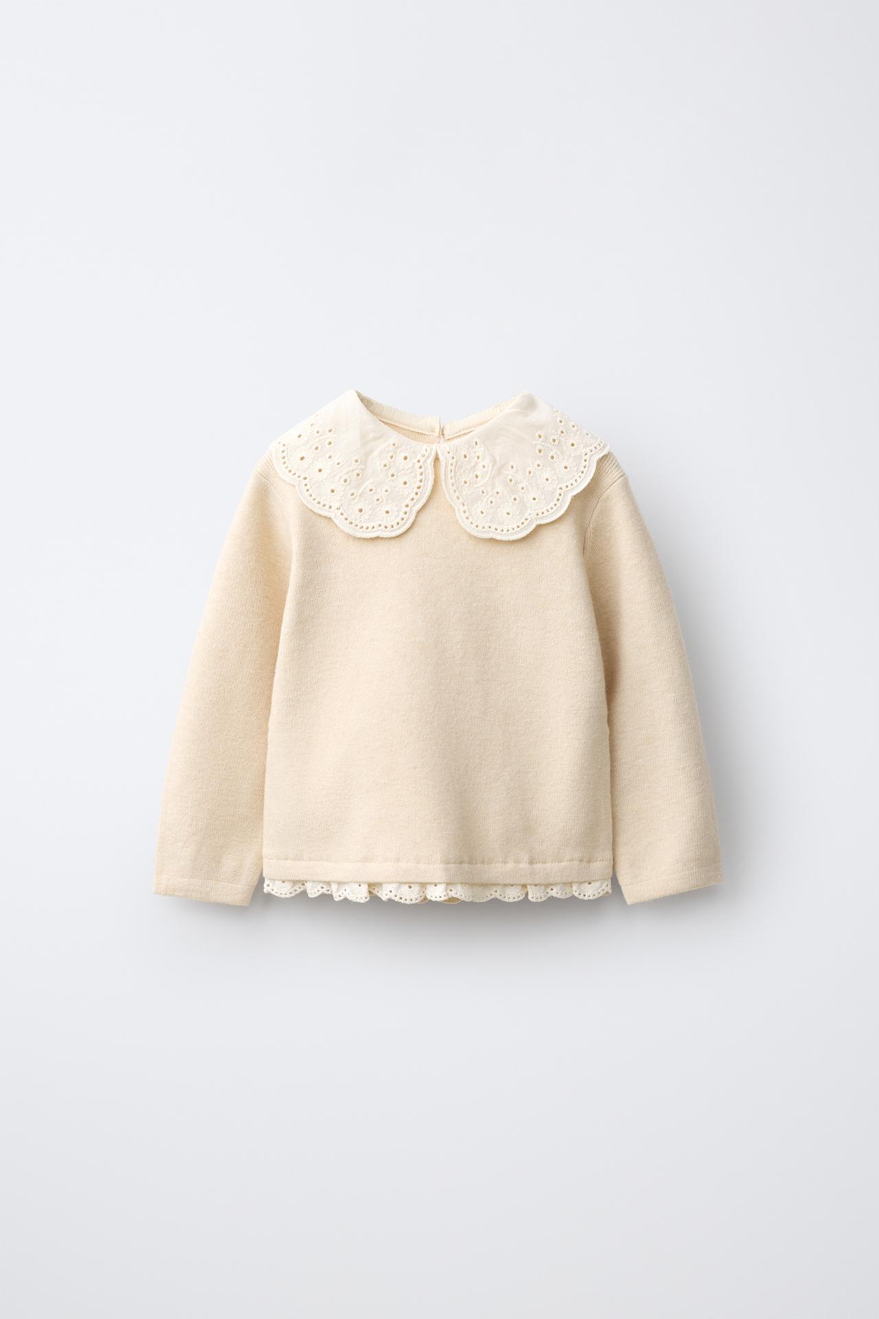EMBROIDERED COLLAR KNIT SWEATER — Light beige