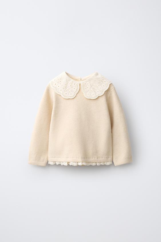 EMBROIDERED COLLAR KNIT JUMPER - Light beige by Zara - Image 0