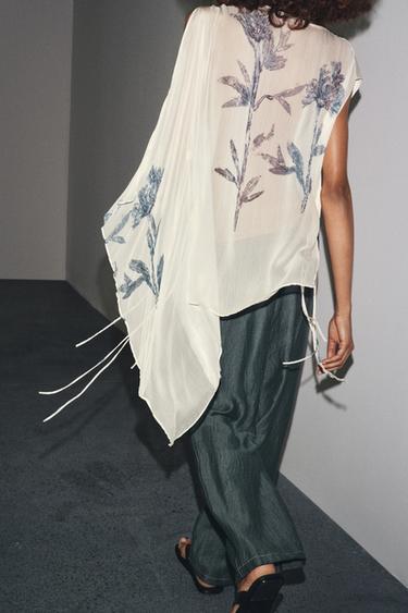 Zara LIMITED EDITION PRINTED ASYMMETRIC TOP - Ecru