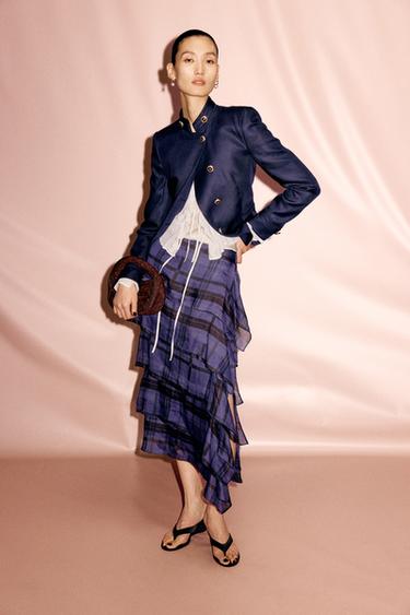 Zara 苧麻格紋中長裙 ZW COLLECTION - 淡藍色