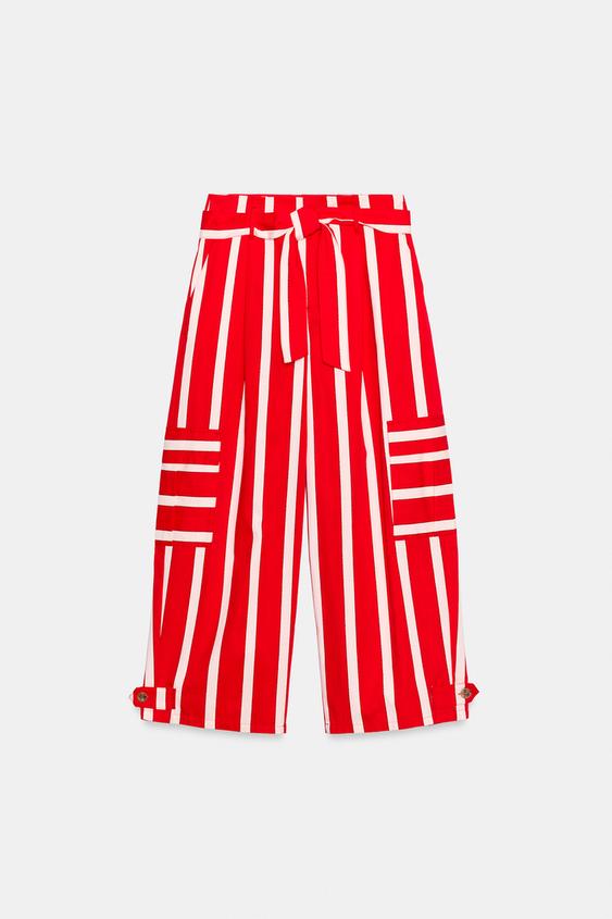 STRIPED TROUSERS WITH BELT - Ecru / Red by Zara - Image 0