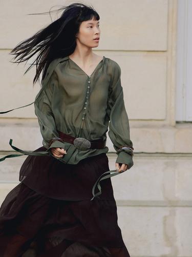 Zara Cape blouse with ties - Dark green - Image 0