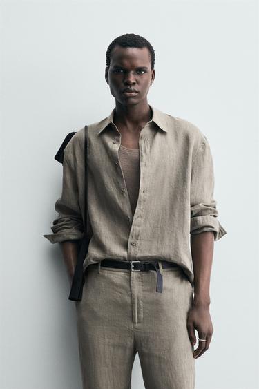 Zara WASHED 100% LINEN SHIRT - Mink