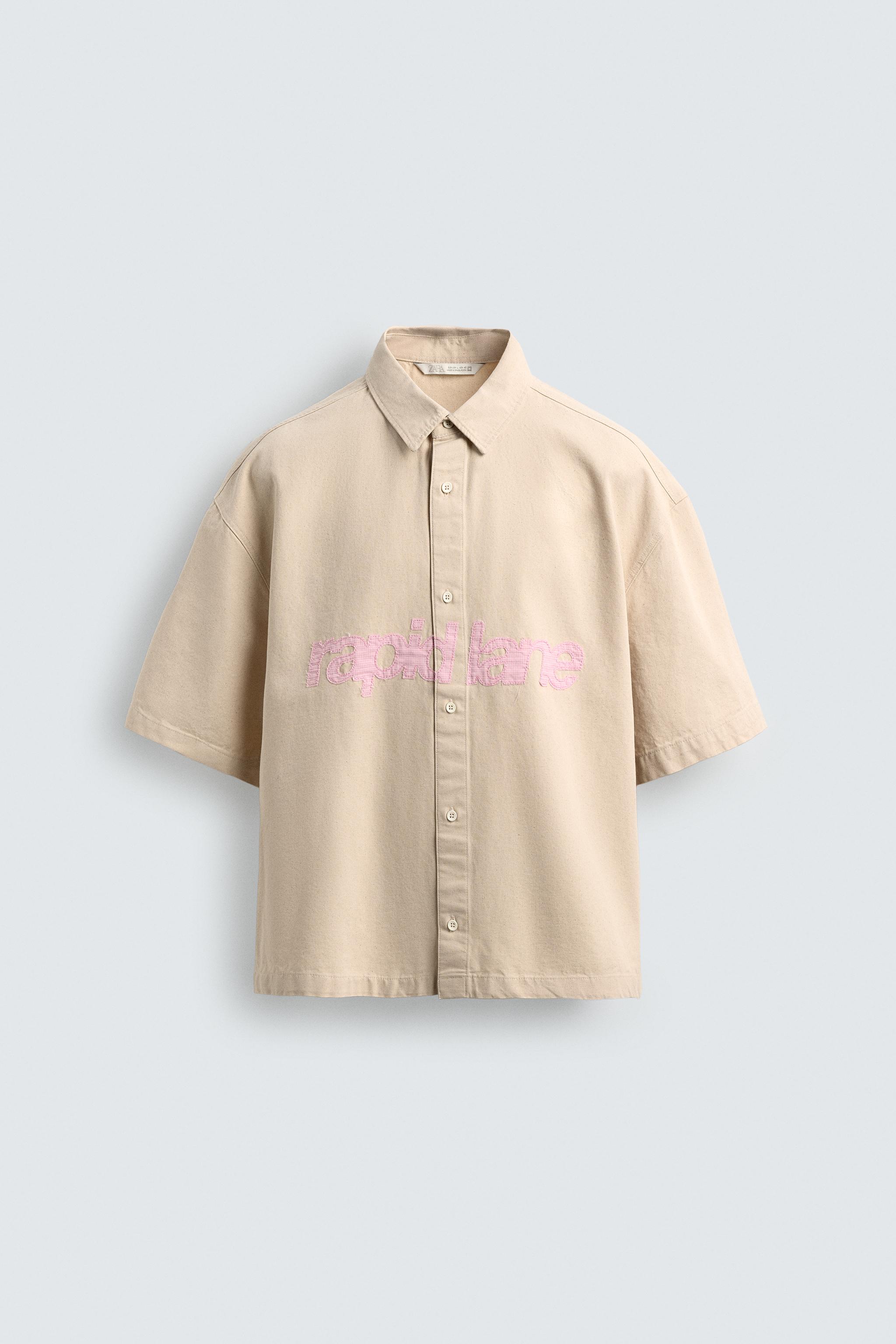 BOXY FIT OVERSHIRT WITH PATCHED TEXT - Ecru | ZARA Turkey