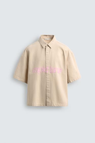 BOXY FIT OVERSHIRT WITH PATCHED TEXT - Ecru by Zara