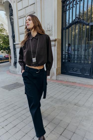 CROPPED POPLIN BALLOON SHIRT - Brown by Zara