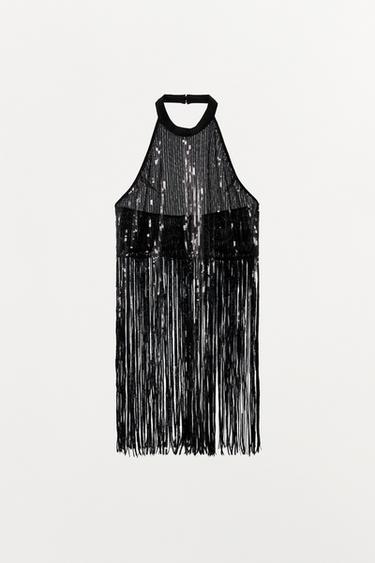 HALTER TOP WITH SEQUINS AND FRINGES - Black by Zara