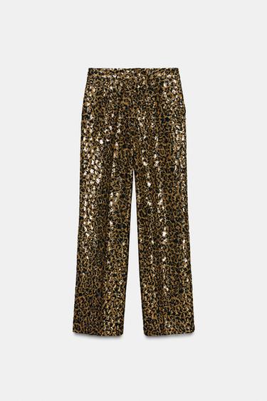 PANTALON DROIT À PAILLETTES IMPRIMÉ ANIMALIER - Noir or de Zara - Image 6