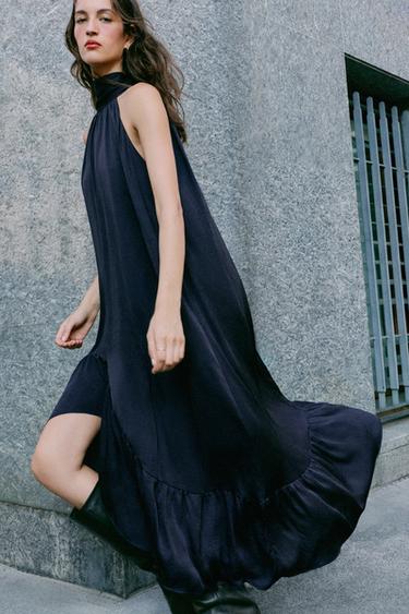 HALTER MIDI DRESS WITH RUFFLE HEM — Navy blue 3