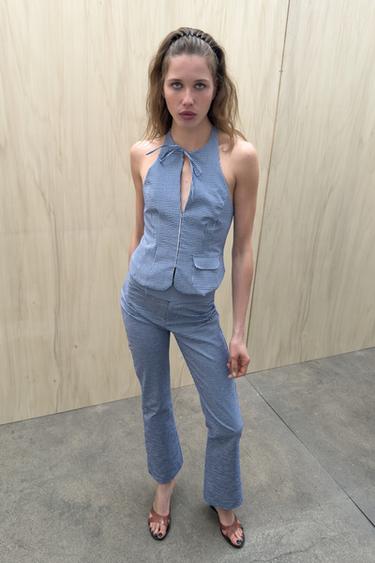 FLARE GINGHAM TROUSERS - Navy / White by Zara