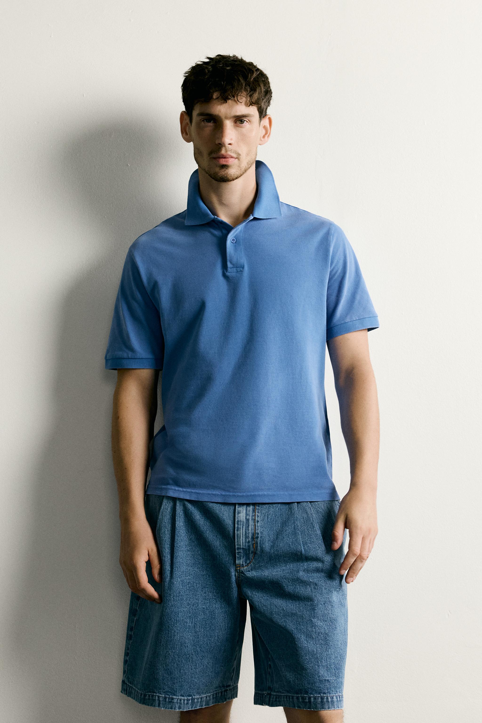 REGULAR FIT WASHED PIQUÉ POLO — Faded blue