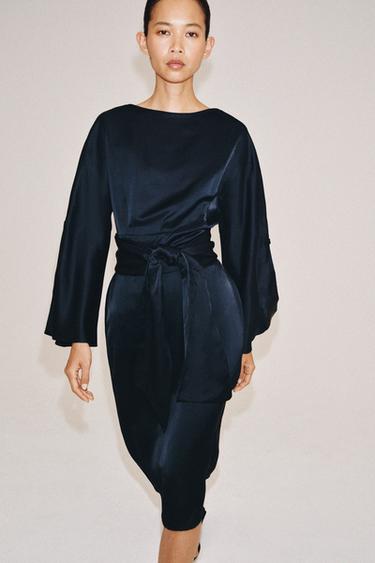 VESTIDO MIDI CINTURÓN CON LINO ZW COLLECTION - Azul de Zara