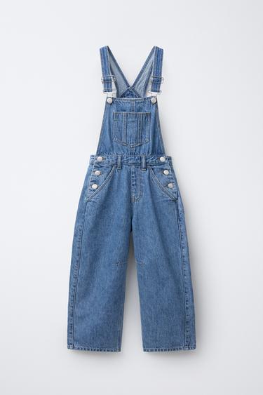 Zara STRIPED BALLOON DENIM OVERALLS - Blue