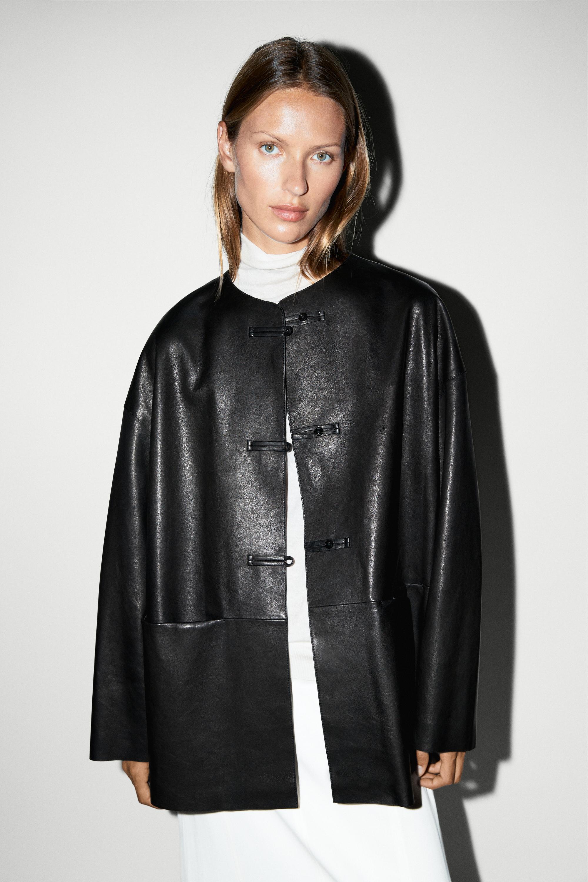 Leather jacket with toggle detail