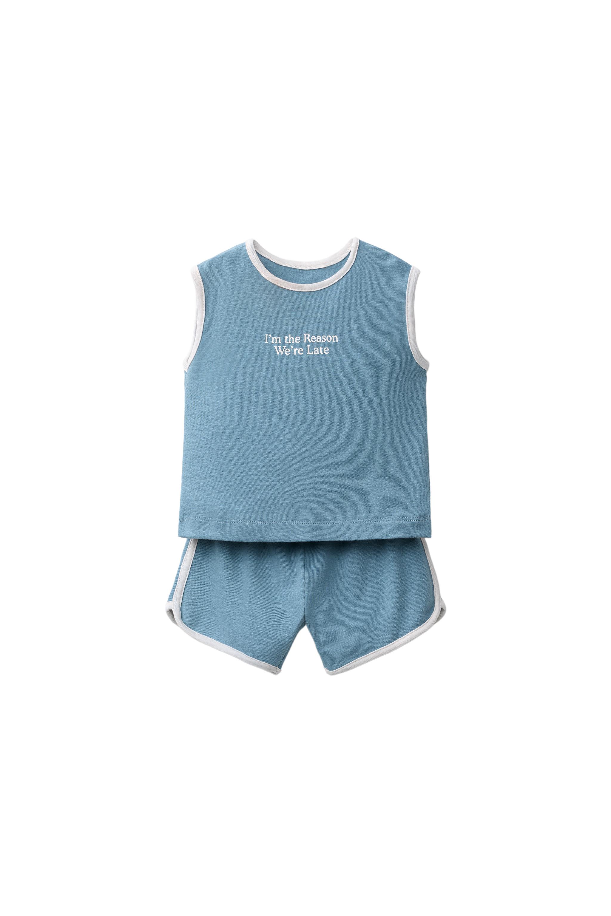 TEXT T-SHIRT AND SHORTS SET — Light petrol blue (alternate view)