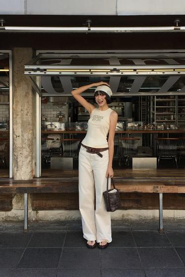 Zara 飾鉚釘標語 T 恤 - 米色