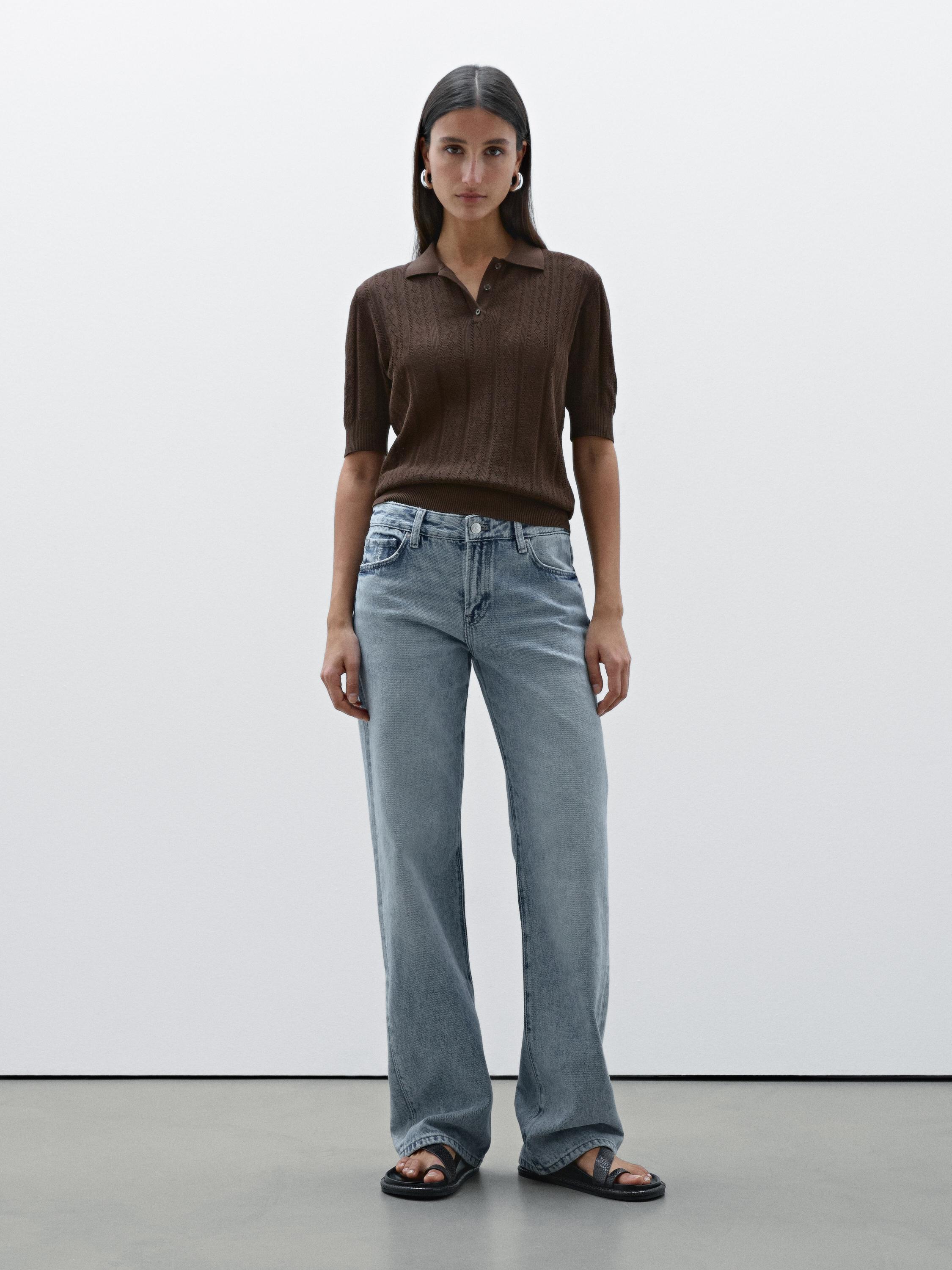 Cotton blend openwork polo shirt with lace trim - Chocolate