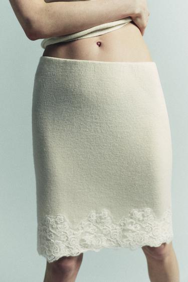 EMBROIDERED LACE KNIT MIDI SKIRT - Ecru by Zara