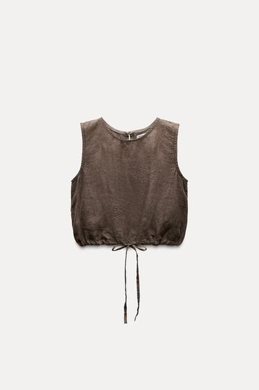 100% LINEN TIE DETAIL TOP - ZW COLLECTION - Brown by Zara