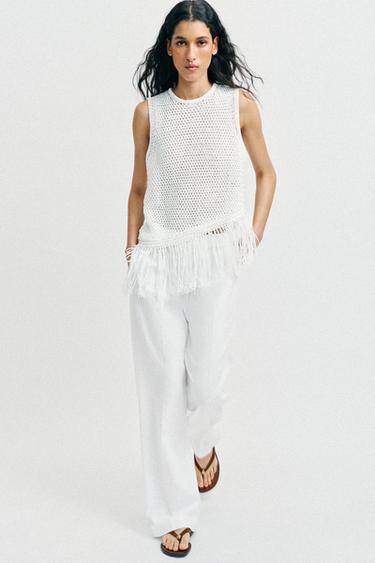 TOP EN MAILLE À FRANGES - Blanc de Zara
