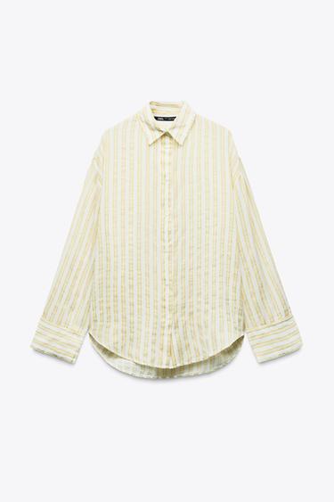 Zara OVERSIZED STRIPED SHIRT - Green / Ecru