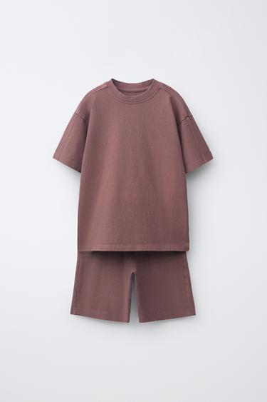 طقم تيشرت وبرمودا مصبوغ سادة - عقيقي فاتح by Zara - Image 0