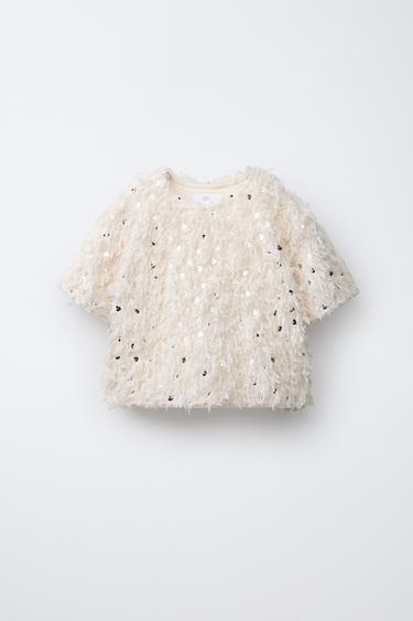 Zara SEQUIN FEATHER T-SHIRT - Ecru