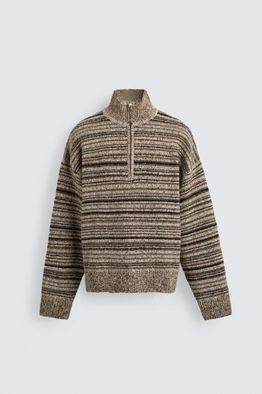 Zara QUARTER-ZIP CABLE KNIT JUMPER - Toffee