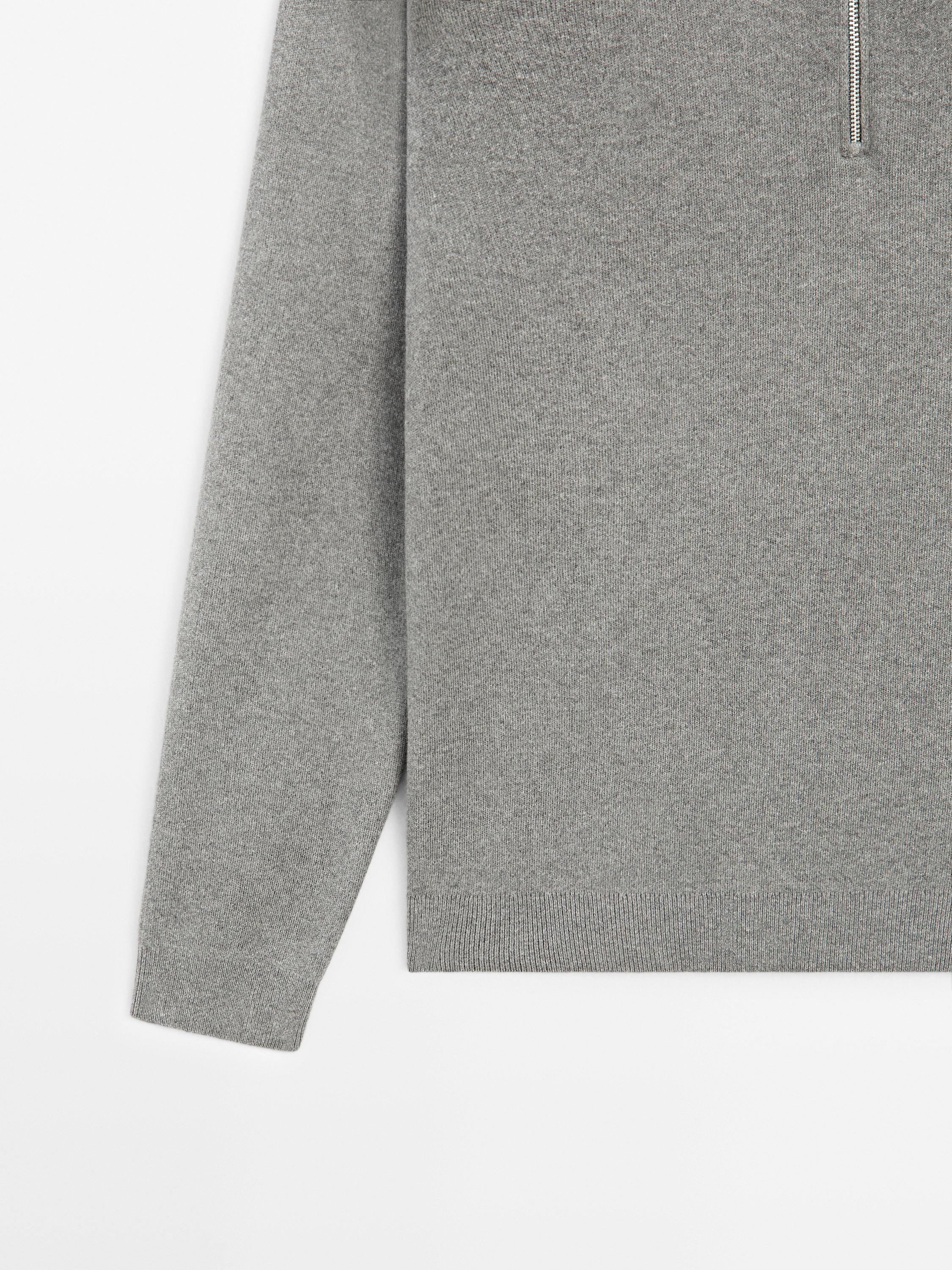 Cotton mock neck knit sweater with zip