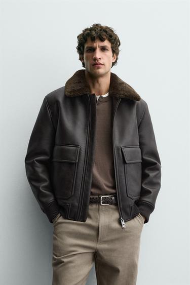 LEATHER EFFECT JACKET WITH CONTRAST COLLAR - Dark brown by Zara