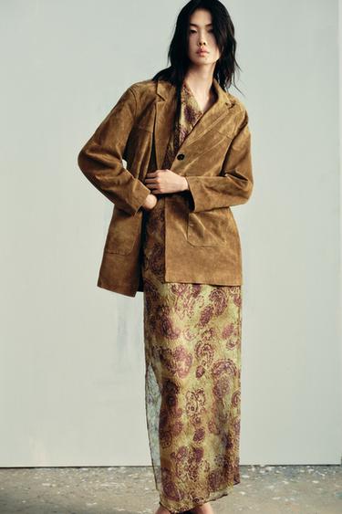 Zara 100% 真皮長版外套 - 威士忌色