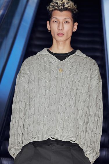 Zara 破損效果辮紋紋理 POLO 衫 - 珍珠灰色