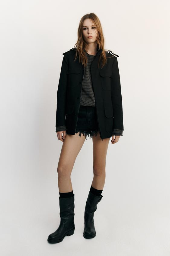 Zara 100% PUUVILLANE TASKUTE JA AASADEGA JAKK - Must - Pilt 0